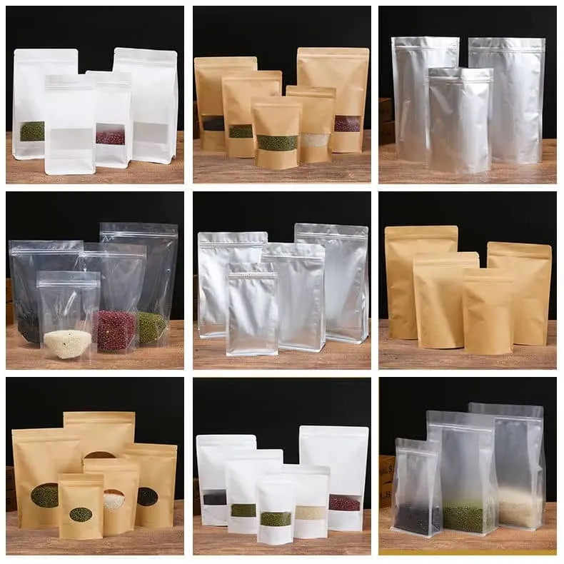 Custom Logo Printed Stand up Pouch Resealable Stand up Zipper Bags Kraft Paper Ziplock Bags With Window Food Packaging